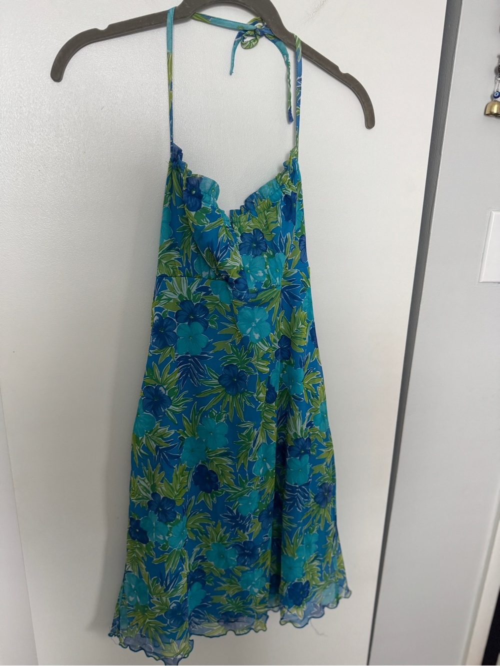 Vintage Blue & Green Floral Halter Mini Dress